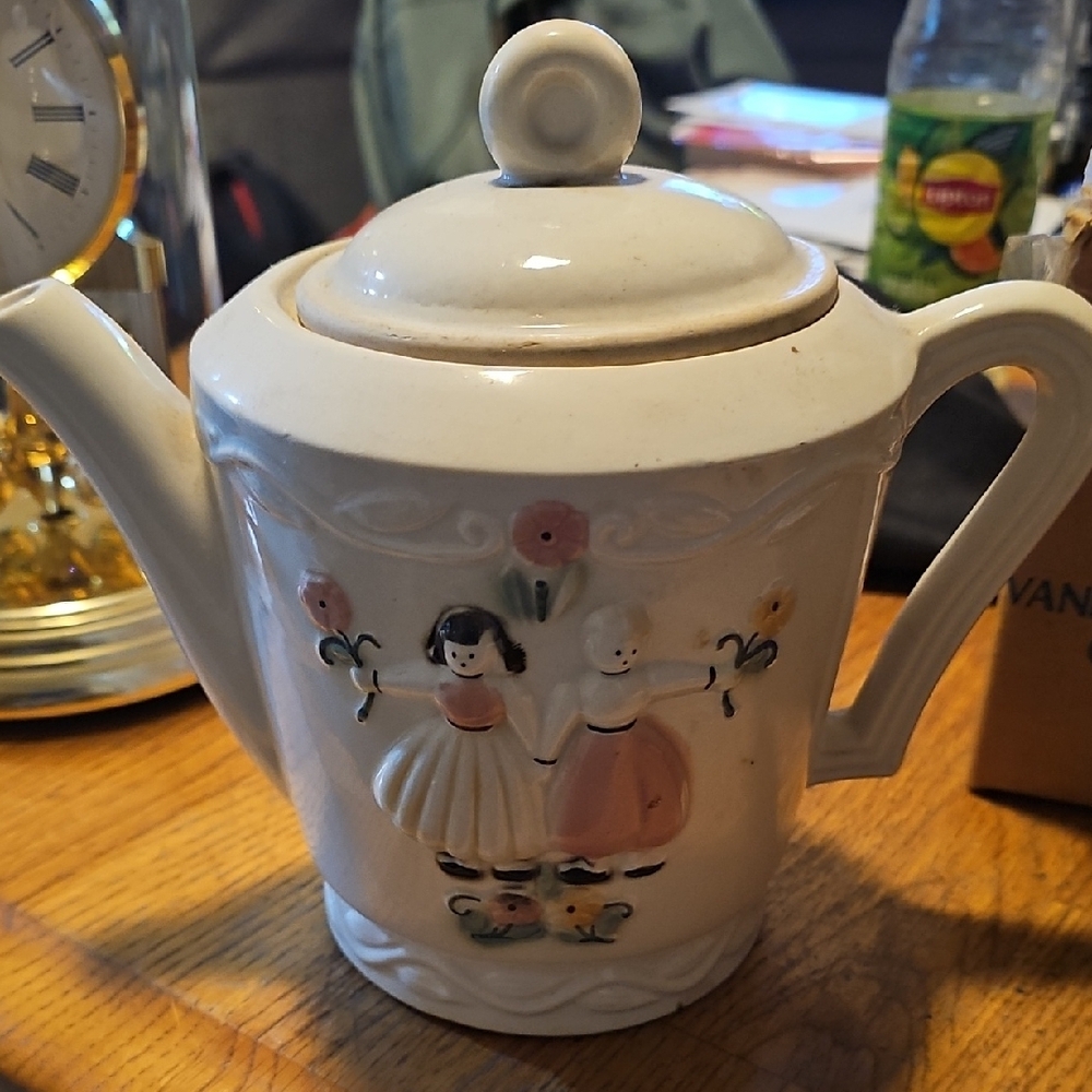 Vintage Ceramic Teapot with Painted Figures